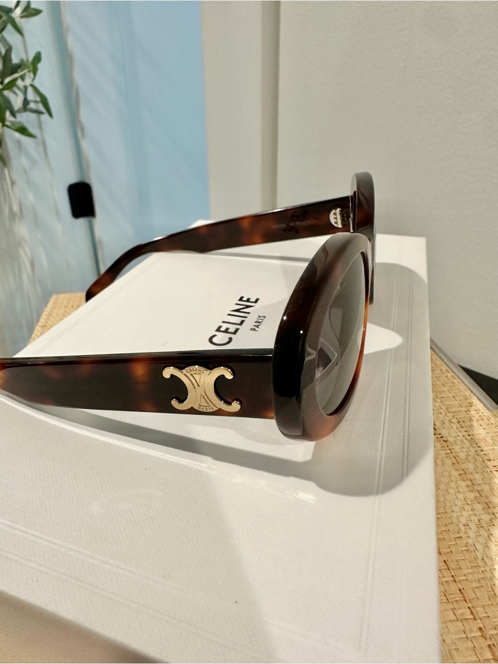 Celine Triomphe Tortoiseshell Oval Sunglasses with Gold Emblem